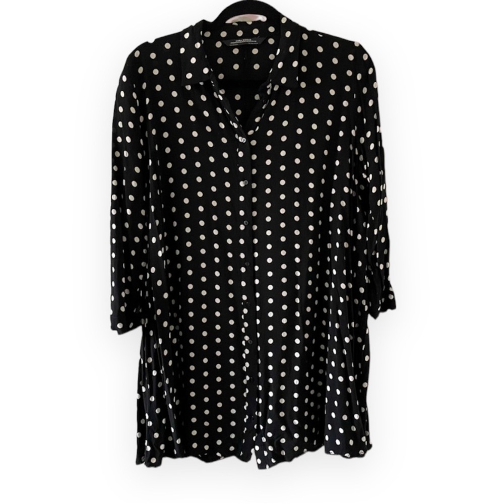 Zara flowy black & white polka dot button down shirt size large